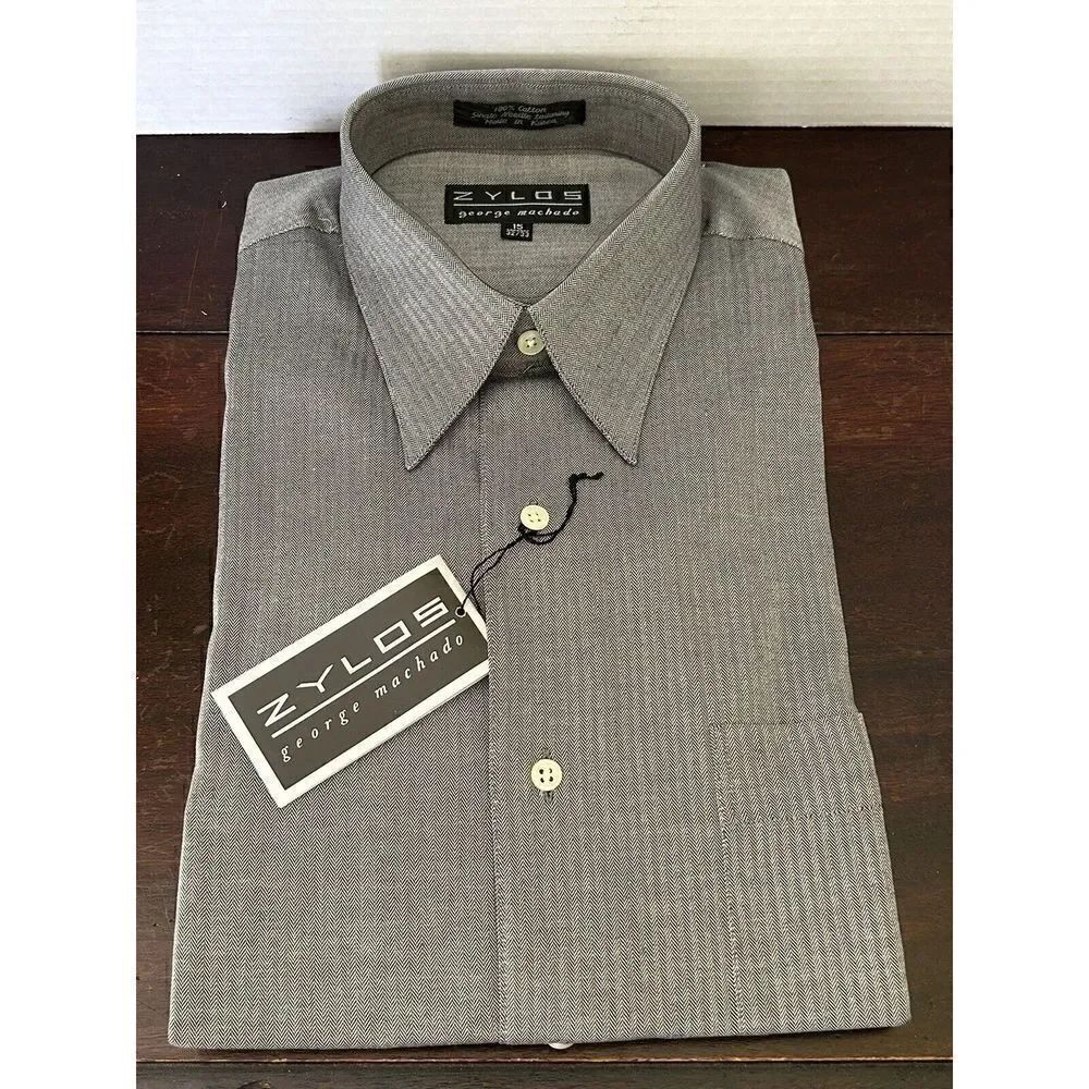 Zylos George Machado Mens Black & Gray Herringbone Button Up Shirt 15 32/33